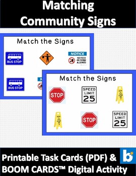 Preview of Matching Community Signs Printable Task Cards PDF + BOOM CARDS™ Digital Activity