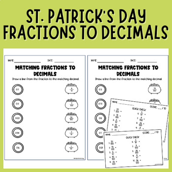 Preview of Matching Decimal to Fractions | Intermediate Math Worksheets | St. Patrick's Day