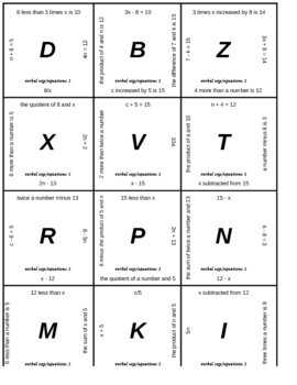 Preview of Matching Game - Algebra - Verbal Expressions to Math Expressions 1