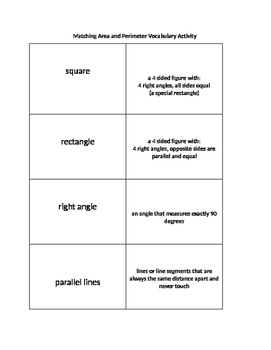 Preview of Matching Interactive Area and Perimeter Vocab Sort