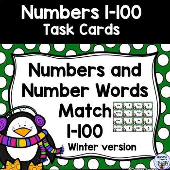 Preview of Matching Numbers and Number Words 1-100 Activities Winter Version
