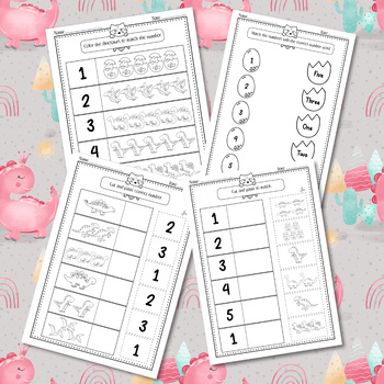 Preview of Matching Numbers to 5 Worksheets/Number Word&Numeral Match/Dinosaurs Theme