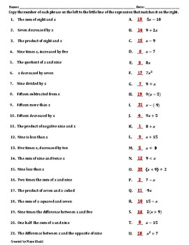 matching phrases to algebraic expressions worksheet i by maya khalil