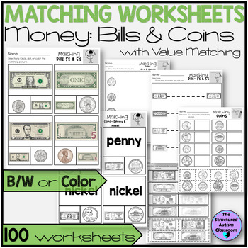 Preview of Matching Pictures Worksheets Money Bills, Coins and Values for Special Education