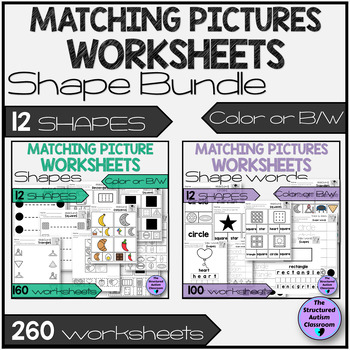 Preview of Matching Shapes and Shape Word Worksheets Bundle for Special Education
