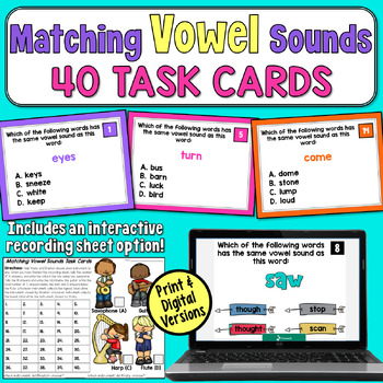 Preview of Matching Vowel Sounds Task Cards for 3rd Grade: 40 Test Prep Practice Cards