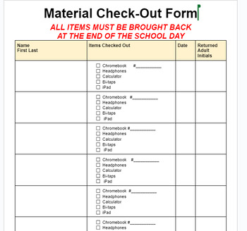 Preview of Material Check out Form  * Editable *