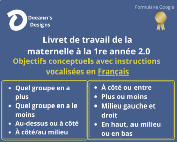 Preview of Maternelle 1re année  2.0 French Kindergarten - Gr 1 Product no 2.0 Google Form