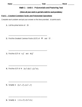 Preview of Math 1/Algebra 1 Assessment/Practice Test Unit 6 Polynomials and Factoring