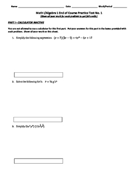 Preview of Math 1 / Algebra 1 End of Course (EOC) Practice Test No. 1 (with Answer Key)