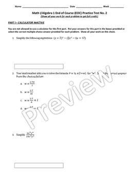 Preview of Math 1 / Algebra 1 End of Course (EOC) Practice Test No. 2 (with Answer Key)