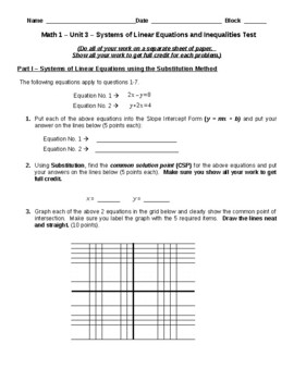 Preview of Math 1/Alg 1 Assess/Practice Test Unit 3 Systems of Linear Eqns & Inequalities