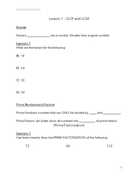 Preview of Math 10C: Factors & Multiples Unit - Fill in the Blank Lesson Notes and Key