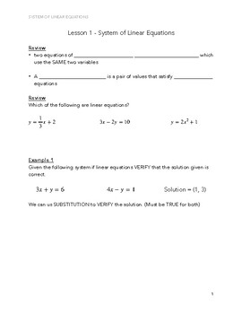 Preview of Math 10C: System of Linear Equations Unit - Fill in the Blank Lesson Notes / Key