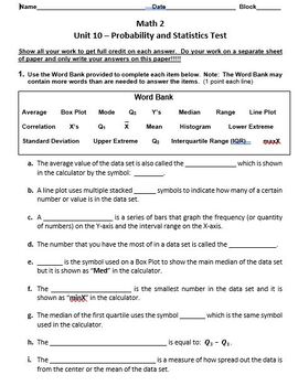 Preview of Math 2 Assessment / Practice Test - Unit 10 Probability and Statistics