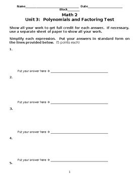 Preview of Math 2 Assessment / Practice Test - Unit 3 Polynomials and Factoring