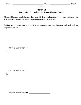 Preview of Math 2 Assessment / Practice Test - Unit 4 Quadratic Functions