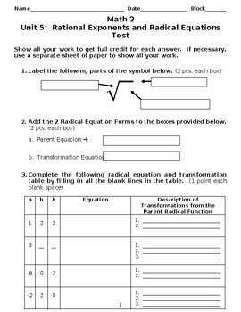 Preview of Math 2 Assessment/Practice Test Unit 5 - Rational Exponents & Radical Equations