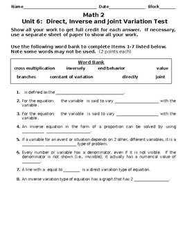 Preview of Math 2 Assessment/Practice Test Unit 6 - Direct, Inverse and Joint Variation