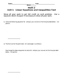 Preview of Math 2 Assessment/Practice Test  Unit 1 - Equations and Inequalities