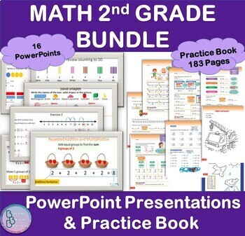 Preview of Math 2nd Grade Bundle | PowerPoint Lesson Slides and Printable Practice Book