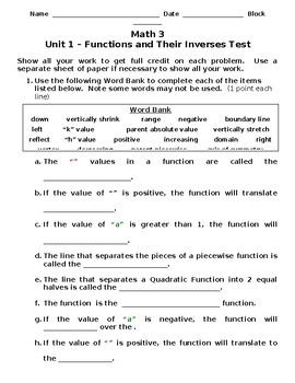 Preview of Math 3 Assessment/Practice Test - Unit 1 Functions and Their Inverses