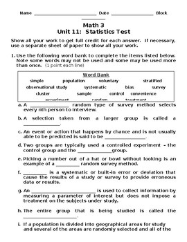 Preview of Math 3 Assessment/Practice Test - Unit 11 Statistics