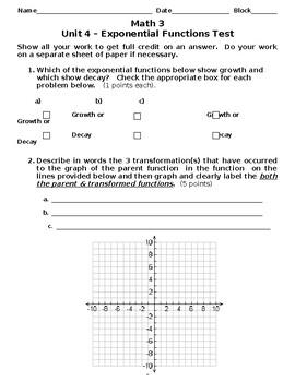 Preview of Math 3 Assessment/Practice Test - Unit 4 Exponential Functions