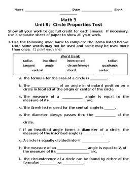 Preview of Math 3 Assessment/Practice Test - Unit 9 Circle Properties