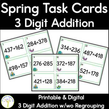 Preview of Math 3 Digit Addition 1,000 Write the Room Task Cards and Digital for Spring