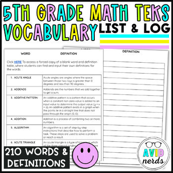 Preview of Math 5th TEKS Vocabulary List with Definitions and Log