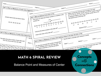 Preview of Math 6 Spiral Review - Mean as Balance Point and Measures of Center (SOL 6.11)