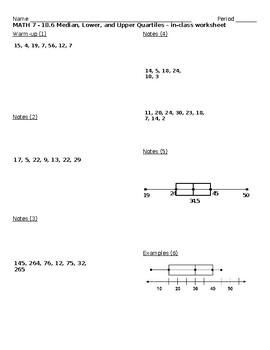 Preview of Math 7 18.6 Median, Lower, and Upper Quartiles classwork