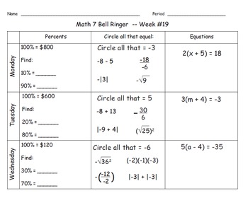 Preview of Math 7 Bell Ringers & Correlating Quizzes for Quarter 3 (Combo Pack!)
