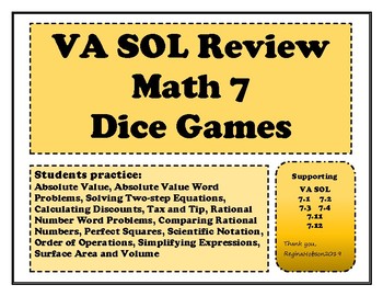 Preview of Math 7 End of Year Review Dice Games for VA Virginia SOL Review or Remediation