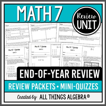 Preview of Math 7 End of Year Review Packets + Editable Quizzes