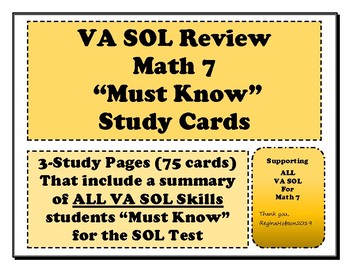 Preview of Math 7 "Must Know" Study Pages-75 Concept Cards VA Virginia SOL Test Review