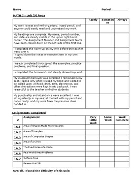 Preview of Math 7 Unit 16 Student Self-Evaluation Area