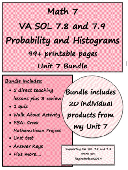 Preview of Math 7 Virginia SOL 7.8 and 7.9 Unit 7 (Probability, Histogram) Bundle 99+ pages