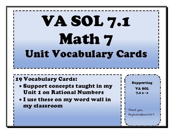 Preview of Math 7 Virginia VA SOL 7.1 Vocabulary Cards for Unit 1 on Rational Numbers