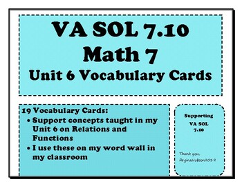 Preview of Math 7 Virginia VA SOL 7.10 Vocab Cards for Unit 6 on Relations and Functions