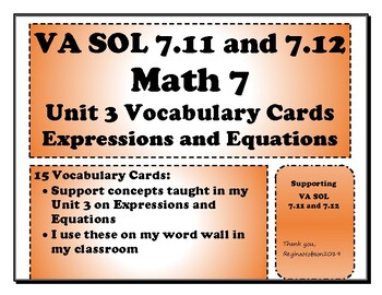 Preview of Math 7 Virginia VA SOL 7.11 and 7.12 Vocab Cards for Unit 3 on Equations