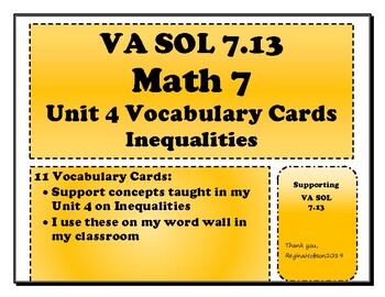Preview of Math 7 Virginia VA SOL 7.13 Vocabulary Cards for Unit 4 on Inequalities