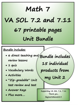 Preview of Math 7 Virginia VA SOL 7.2, 7.11 Complete Unit 2 Bundle - 67 printable pages