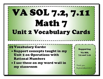 Preview of Math 7 Virginia VA SOL 7.2, 7.11 Vocab Cards for Unit 2 on Rational Operations