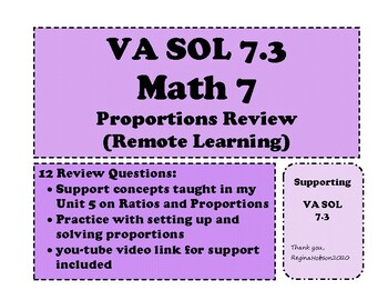 Preview of Math 7 Virginia VA SOL 7.3 Distance Learning plus video: Ratios and Proportions