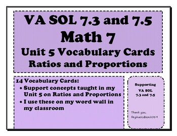 Preview of Math 7 Virginia VA SOL 7.3 and 7.5 Vocabulary Cards for Unit 5 on Proportions
