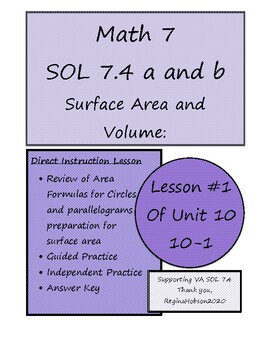 Preview of Math 7 Virginia VA SOL 7.4 Surface Area and Volume Lesson 10-1
