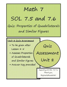 Preview of Math 7 Virginia VA SOL 7.5/7.6 Quiz #1 for Unit 8 Quads and Similar Figures