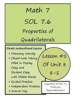 Preview of Math 7 Virginia VA SOL 7.6 Properties of Quadrilaterals Lesson 8-1